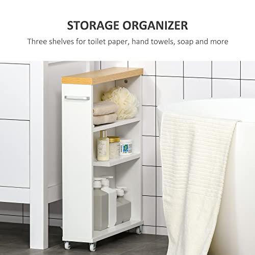 kleankin Slim Bathroom Cabinet with Castor Wheels Storage Organizer and Wood Shelves to Fit in Small Spaces, White