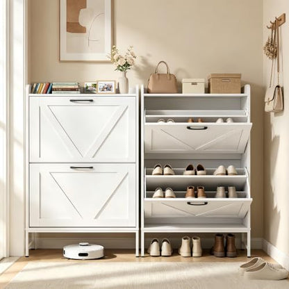 Shoe Cabinet with 2 Flip,Shoe Cabinet Storage,Shoe Organizer Cabinet,White | Hidden Wood Shoe Cabinet,reestanding Shoe Rack Cabinet for Entryway Hallway - color: White