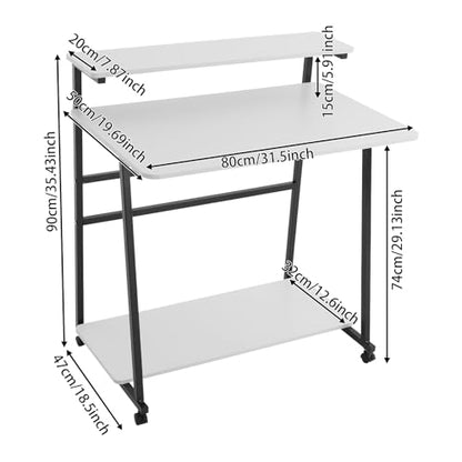 3 Tiers Rolling Computer Desk, 31.5 Inch Home Office Desk with 4 Wheels & 4 Foot Pads, Mobile Small Computer Desk, Student Study Table for Small Space Bedroom (White+Black) - color: White+black