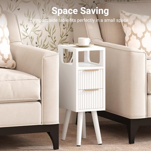 Narrow Side Table with Charging Station, Skinny Fluted Nightstand, White | 7.9" Wide, 24.4" H, 2 Drawers, Solid Wood Feet, Open Shelf, Slim End Table for Small Spaces, Bedroom - color: White-1 Pcs