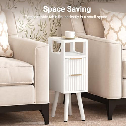 Narrow Side Table with Charging Station, Skinny Fluted Nightstand, White | 7.9" Wide, 24.4" H, 2 Drawers, Solid Wood Feet, Open Shelf, Slim End Table for Small Spaces, Bedroom - color: White-1 Pcs