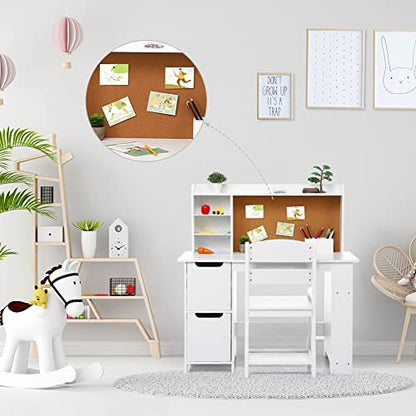 Garvee Kids Desk, Study Desk and Chair Set for Boys and Girl, Wooden Kids Writing Table with Bookshelf, Bulletin Board, and Cabinets for Ages 3-8 - color: Pure White, style: 2 Cabinets