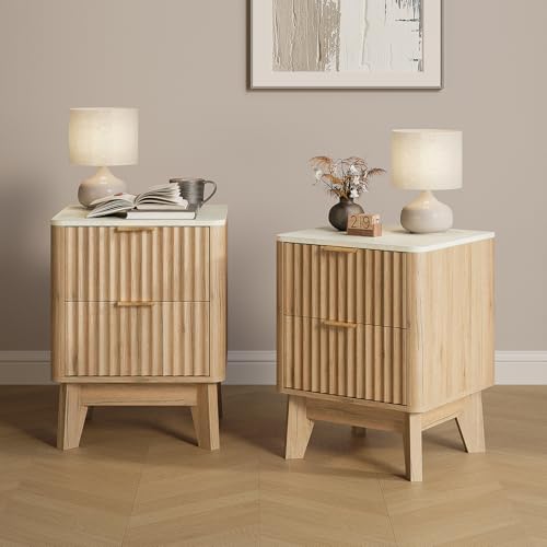 Fluted Nightstand Set of 2,Modern End Table with Faux Marble Top,2 Storage Drawers Side Table,Bedside Table for Bedroom, Living Room,Curved Profile Design Furnitue,Natural Oak - color: 2pcs_oak