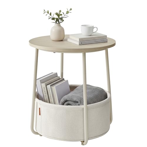 SONGMICS HOME Small Side Table, Round End Table, 2 Tier Nightstand with Basket, U Shaped Steel Legs, Easy Assembly, for Living Room, Bedroom, Beige and White - color: Beige + White, size: 1 pack