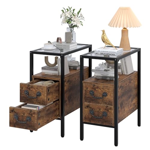 VECELO Narrow Side Table Set of 2, Night Stand Sofa Table with Glass Top,Bedside End Tables with Storage Drawers,Wood Nightstand for Small Spaces Living Room Bedroom,Brown - color: Classic Brown, size: 2 pack