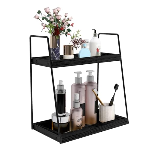 Dorhors Bathroom Counter Organizer,Vanity Countertop Storage Shelf | 2 Tier Black Counter Storage for Bathroom Kitchen,Dresser,Wood Standing Rack for Skincare,Perfume,Makeup - color: Black