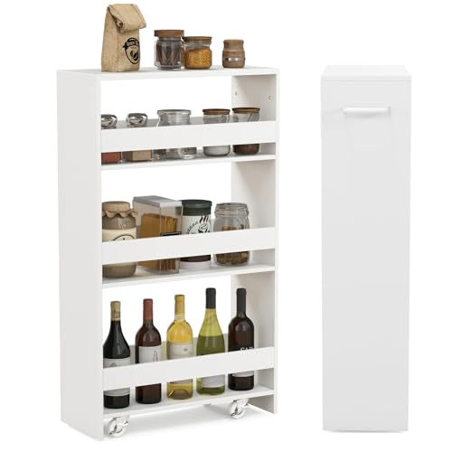 LOKO 4-Tier Rolling Storage Cart, 8 Inches Slim Kitchen Cart on Wheels with Open Shelves & Handle, Laundry Room Cart Between Washer and Dryer, for Narrow Space Bathroom Next to Fridge (White) - color: White