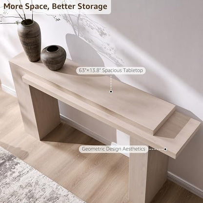 OKD 63" Modern Geometric Console Table with Layered Top, White Alder | Extended Layered Top, Sturdy Support Legs, Entryway, Hallway, Foyer, Living room, Behind Sofa - color: White Alder