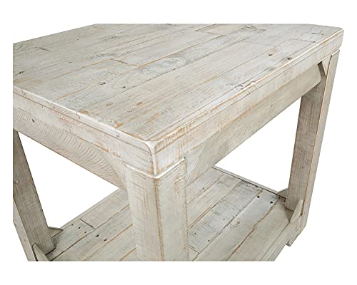 Signature Design by Ashley Fregine Farmhouse Rectangular End Table with Lower Open Shelf, Triangle Bracket Accents, Wood, 25.25" High, Weathered White - color: Whitewash