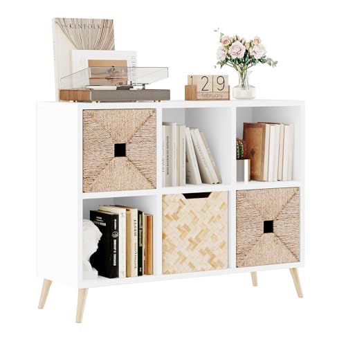 6 Cube Storage Organizer, Wood Bookcase with Legs, Modern Freestanding Cubby Shelving Unit, White Book Shelf Toy Storage Cabinet for Bedroom, Living Room, Kids Room, Fits 11 Inch Bins - color: White, size: 6-Cube