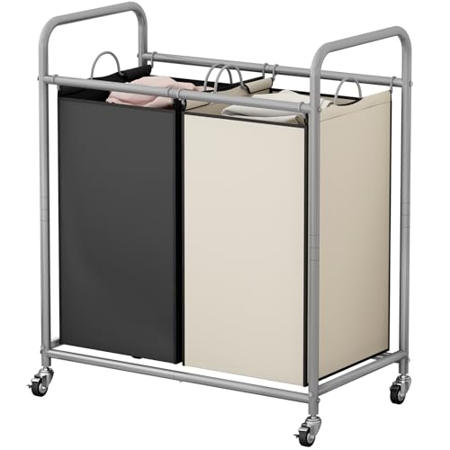 SUOERNUO Laundry Sorter Basket 2 Bag Laundry Hamper Cart with Rolling Lockable Wheels and Removable Bags Laundry Organizer Cart for Clothes Storage, Assorted - color: Assorted