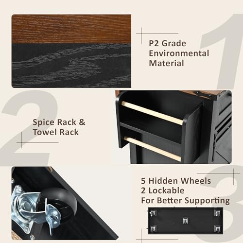 Ball & Cast Kitchen Island with Storage,53.7" Farmhouse Rolling Kitchen Island Cart w/Power Outlet & Drop Leaf,Mobile Island Table w/3 Drawers,Towel Rack and Spice Rack,for Home and Dining Room,Black - color: Black