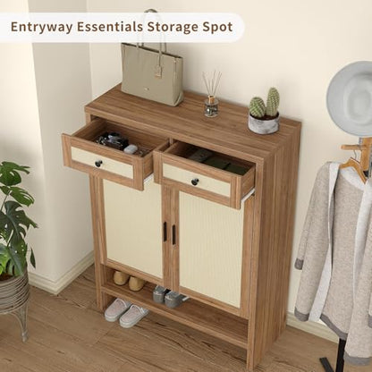Yanosaku 46" Rattan Shoe Cabinet with 4 Adjustable Shelves & 2 Storage Drawers, Modern Boho Shoe Organizer with Large Tabletop & Open Lower Shelf, Entryway Hallway Cabinet for Shoes and Boots, Walnut