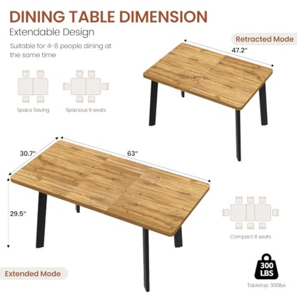 Extendable Dining Table for 4 to 8 People, 47.2" to 63" Modern Kitchen Table with Removable Extension Leaf, MDF Expandable Dining Room Table Compact for Small Spaces, Walnut - color: Walnut