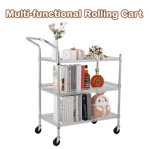 TrailBlaze Kitchen Utility Cart, 3-Tier Wire Rolling Utility Cart, Stainless Steel Service Cart w/Wheels and Adjustable Storage Rack Handle - for Laundry, Garage, Bathroom - High Handle - size: 3-Tiers high handle