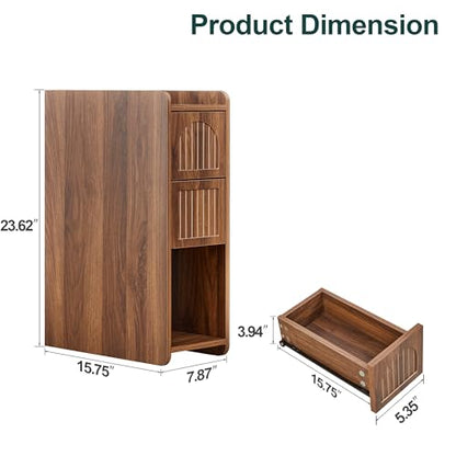 FurSch Fluted Narrow Nightstand & Skinny Bedside Table for Bedroom, Thin Night Stand Side End Table with 2 Drawers and Open Shelf for Small Spaces (Walnut-2 pcs) - color: Walnut-2 Pcs