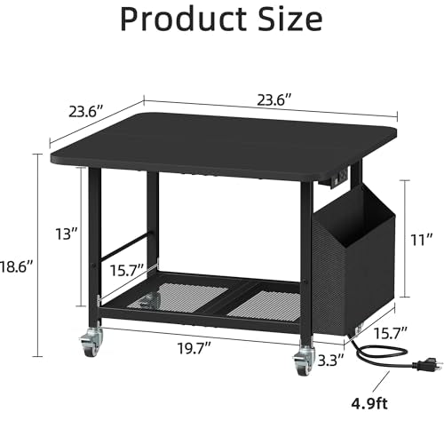 YAOHUOO 23.6"×23.6" Large Printer Stand with Power Outlet, Printer Table with Storage Side Pocket, Heavy Duty Rolling Cart for Home Office 3D Printer/Laser/Heat Press Table, Black - color: Black