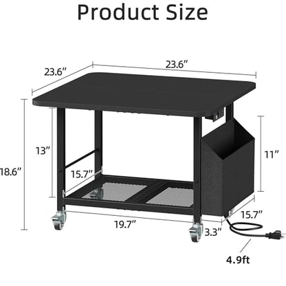 YAOHUOO 23.6"×23.6" Large Printer Stand with Power Outlet, Printer Table with Storage Side Pocket, Heavy Duty Rolling Cart for Home Office 3D Printer/Laser/Heat Press Table, Black - color: Black