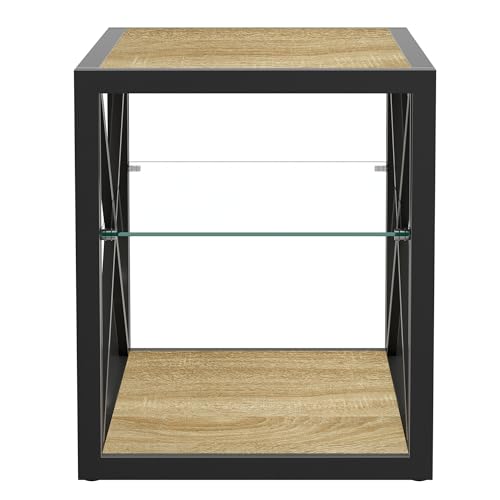 Industrial Side Table with 3-Tier Storage – Tempered Glass Shelf, X-Frame Metal Design, Natural Wood Finish, Compact End Table for Living Room, Bedroom or Office(Product G)