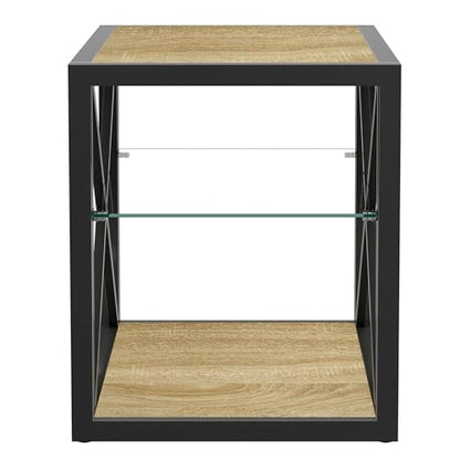Industrial Side Table with 3-Tier Storage – Tempered Glass Shelf, X-Frame Metal Design, Natural Wood Finish, Compact End Table for Living Room, Bedroom or Office(Product G)