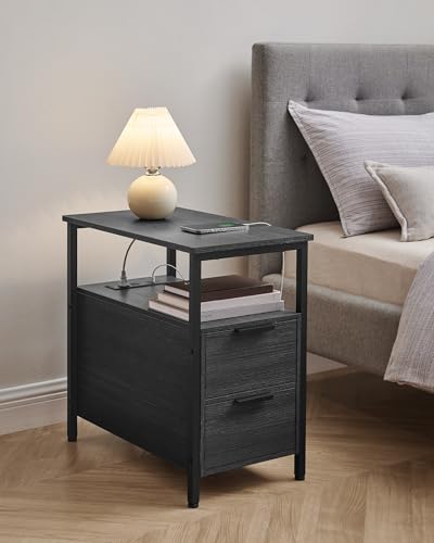 VASAGLE Side End Table with Charging Station, Slim Nightstand with 2 Drawers, Narrow Bedside Table for Living Room, Small Spaces, Charcoal Gray and Ink Black ULET321B22V1S - color: Charcoal Gray + Ink Black, size: 23.6"D x 11.8"W