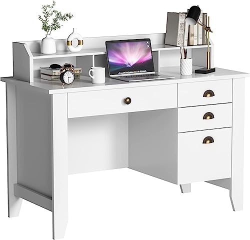 Catrimown Computer Desk with Drawers and Hutch White Desk with Drawer Wood Executive Desk Teens Student Desk Writing Laptop Home Office Desk for Small Spaces, Cream, 47.5''D x 22''W x 36.5''H - color: Cream