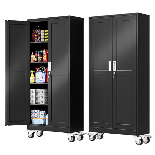 PAOFIN 71''H Tall Metal Garage Storage Cabinet with Wheels,Steel File Cabinets with 2 Doors and 4 Adjustable Shelves for Home Office, Warehouse, Required Assembly,Black - color: Black, size: 71"
