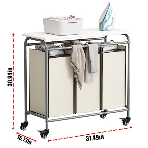 LINZINAR 3-Bag Laundry Hamper with Ironing Board, Beige 135L Laundry Sorter | Laundry Room Organization with Heavy Duty Rolling Lockable Wheels and Removable Bag, Bedroom Laundry Cart for Clothes Storage - size: 3 Bags Beige with Board