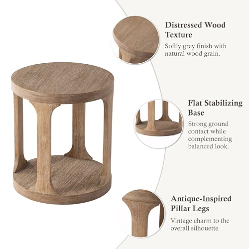 COZAYH Farmhouse Small End Table Coastal Low Wood Side Table, Wood Grey | Rustic Round Pedestal Table for Small Space, Living Room, Office, Couch, Distressed Finish