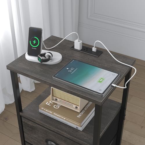 sthmec Nightstand with Charging Station, LED Night Stand Set of 2, Bedside Table End Table with Drawer, Bedroom Tables with 2 Fabric Drawers, 3-Tier Storage Side Table for Bedroom, Black Oak - color: Black Oak