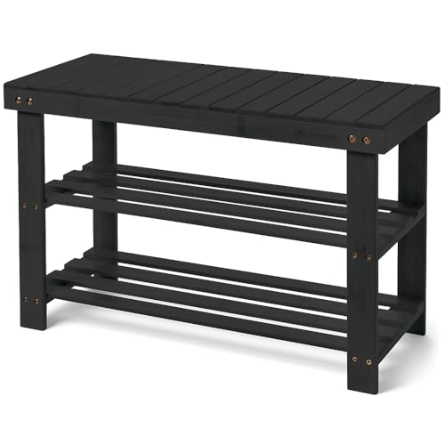 Leaf & Grain Bamboo Shoe Rack - Shoe Storage Bench for Front Door Entrance – Entryway Bench with Shoe Shelf, Shoe Storage Organizer, Wooden Shoe Rack, Durable Shoe Bench for Home (Black) - color: Black