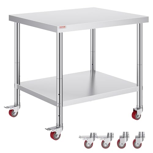 Vevor 30x36x34 Inch Stainless Steel Work Table 3-Stage Adjustable Shelf with 4 Wheels Heavy Duty Commercial Food Prep Worktable with Brake for Kitchen Prep Work - size: 36*30*34In, style: With Caster
