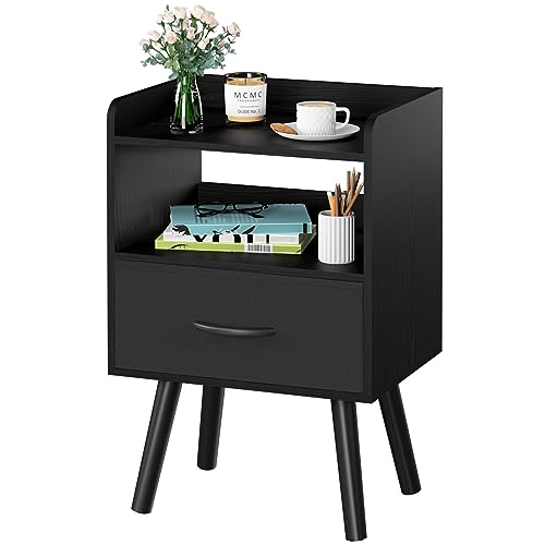 Yoobure Night Stand with Fabric Drawer, Modern Nightstand, Bedside Tables, Mid Century Nightstands with Open Storage Shelf, Wood Bedside Table, Small Night Stands for Bedrooms, 2-Tier Night Table - color: Black