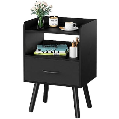 Yoobure Night Stand with Fabric Drawer, Modern Nightstand, Bedside Tables, Mid Century Nightstands with Open Storage Shelf, Wood Bedside Table, Small Night Stands for Bedrooms, 2-Tier Night Table - color: Black