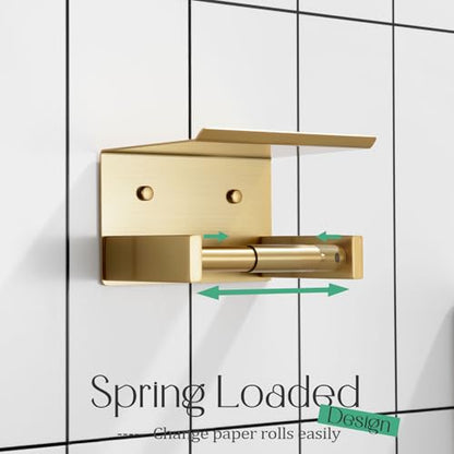 KOKOSIRI Roll Paper Holder Spring Loaded Tissue Paper Holder Bathroom Toilet Roll Holder with Shelf Wall Mounted Stainless Steel Brushed Gold B2012BG - color: Brushed Gold, size: With Shelf