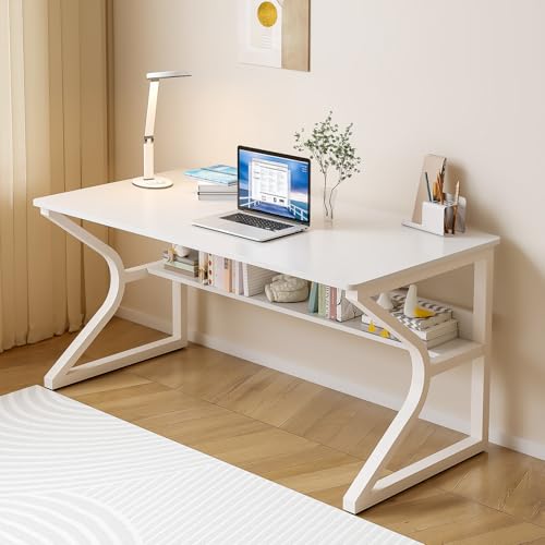 OSCHF 47.3-Inch Writing Desk with Storage Shelf, Warm White | Space-saving, Single-Person Workstation, Modern Study Gaming Computer Desk, Suitable for Home Office, Bedroom and Dorms - color: Warm White, size: 47.3x23.6 inch