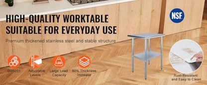 NSF Certified Heavy Duty Stainless Steel Prep Table for Home & Commercial Use with Galvanized Shelf, Legs, & Optional Wheels - size: 24x30