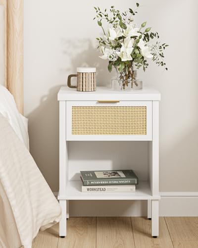 Rattan Nightstand with Drawer and Open Shelf, Boho Side Table with Gold Handle, Small Night Stand, Modern Bedside Table for Bedroom, White - color: White