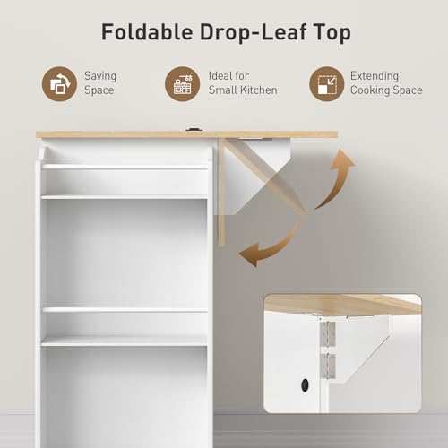 RALGEND Kitchen Island with Power Outlets & Drop Leaf, Rolling Kitchen Cart on Wheels, Kitchen Storage Island with Spice Rack and Drawer, Mobile Island Table for Kitchen, Dinning, White and Natural - color: White + Natural