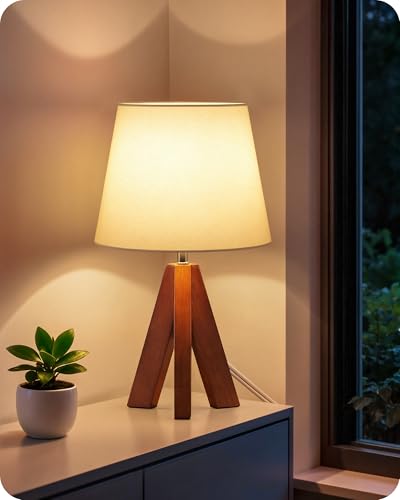Tripod Table Lamp, Small Bedside Lamp with White Fabric Shade & Dark Wood Base, Modern Nightstand Lamp, Little Cute Desk Lamp for Bedroom, Kids Room, Living Room, Office, Study, LW51TL05 - color: White+Pearwood