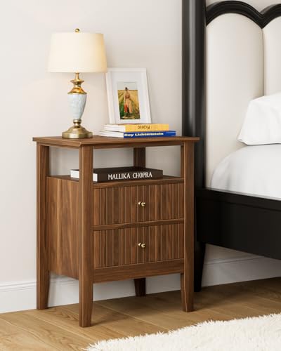 Fluted Nightstand, Farmhouse Night Stand with 2 Drawers, Mid Century Modern Side Accent Table,Bedside End Table for Bedroom, Living Room, Brown - color: Walnut Brown, size: 2 Drawers