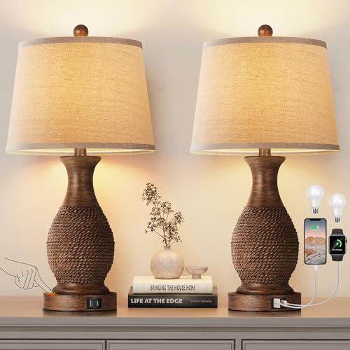 PARTPHONER Table Lamps Set of 2, Bedside Touch Lamp with USB C+A Charging Ports, Side Table Lamp with Linen Fabric Shade (LED Bulbs Included), Wood - size: Wood 22.6" Touch Lamp