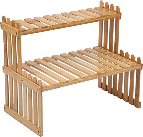 GURECOD 14.6"/18.5" 2 Tiers Bamboo Plant Stand Shelf,Desk Flower Pot Holder,Adjustable Desktop Shelf Display Organizer Ladder Rack for Office Decorate Storage Rack,Kitchen Rack (18.5" Length) - size: 18.5" Length