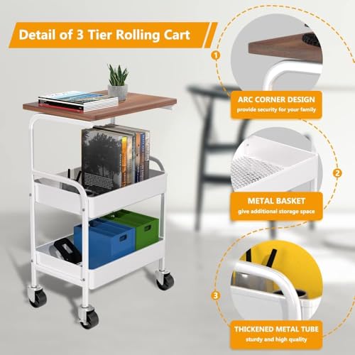 Rolling Cart with Wooden Tabletop, 3 Tier Metal Utility Cart, Rolling Storage Organizer Cart with Lockable Wheels for Kitchen, Office, Bedroom (White) - color: White