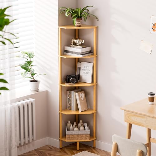 Corner Shelf, 5 Tier Bamboo Corner Bookshelf, 54" Tall Narrow Bookcase, Plant Stand, Corner Display Rack, Shower Caddy, Display Standing Shelf Organizer for Bedroom, Living Room, Kitchen, Apartment - color: Natural, size: 5 Tier