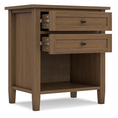 SIMPLIHOME Warm Shaker Nightstand - 24 inch Wide Solid Wood Bedside Table in Rustic Natural Aged Brown, Transitional Side Table or End Table with 2 Drawers, Open Shelf, Bronze Knobs and Tapered Legs - color: Rustic Natural Aged Brown