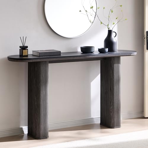 OKD 63" Modern Fluted Console Table, Narrow Entryway Table, Dark Alder | Modern Fluted Wood Base, Curved Faux Marble-Texture Top, Entryway, Hallway, Foyer, Behind Sofa - color: Dark Alder