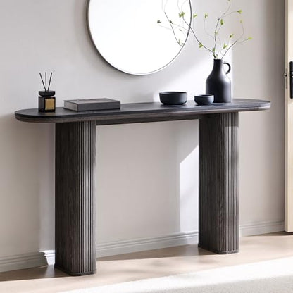 OKD 63" Modern Fluted Console Table, Narrow Entryway Table, Dark Alder | Modern Fluted Wood Base, Curved Faux Marble-Texture Top, Entryway, Hallway, Foyer, Behind Sofa - color: Dark Alder