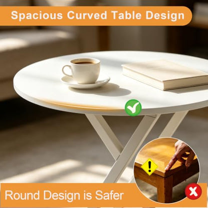 20In Round Side Table, 2-Tier White End Table with Z-Shaped Metal Frame, Small Round Accent Table with Storage Shelf, Modern Sofa Side Table Nightstand for Living Room, Bedroom, Small Spaces - color: White-z