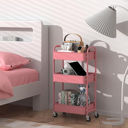 MAX Houser 3-Tier Rolling Utility Cart with Caster Wheels,Easy Assembly, for Kitchen, Bathroom (Pink) - color: Pink, size: 3-Tier Standard Cart